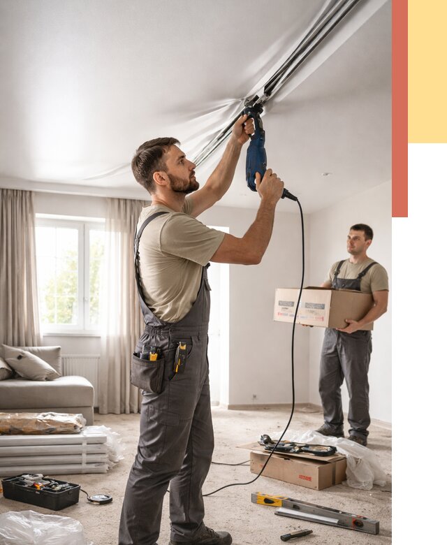 Монтаж сатинового натяжного потолка в Люберцах от 3682 руб. | Быстро, недорого — ОТДЕЛОЧНИК-Люб