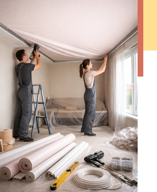 Монтаж цветного натяжного потолка в Люберцах от 4419 руб/м² — быстро и недорого | ОТДЕЛОЧНИК-Люб