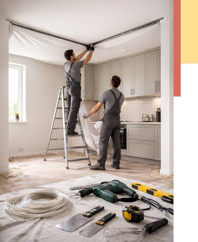 Установка натяжного потолка на кухне в Люберцах от 2525 руб. | ОТДЕЛОЧНИК-Люб