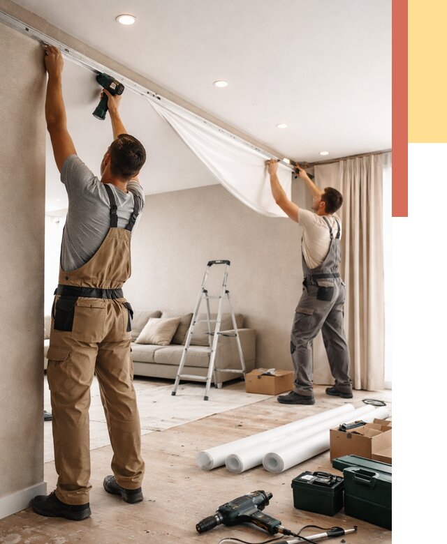 Монтаж натяжного потолка в гостиной в Люберцах от 579 руб. | ОТДЕЛОЧНИК-Люб