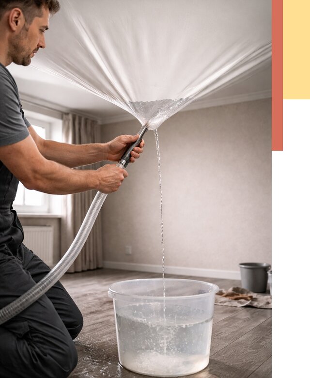 Слив воды с натяжного потолка в Люберцах от 2630 руб. быстро и недорого | ОТДЕЛОЧНИК-Люб