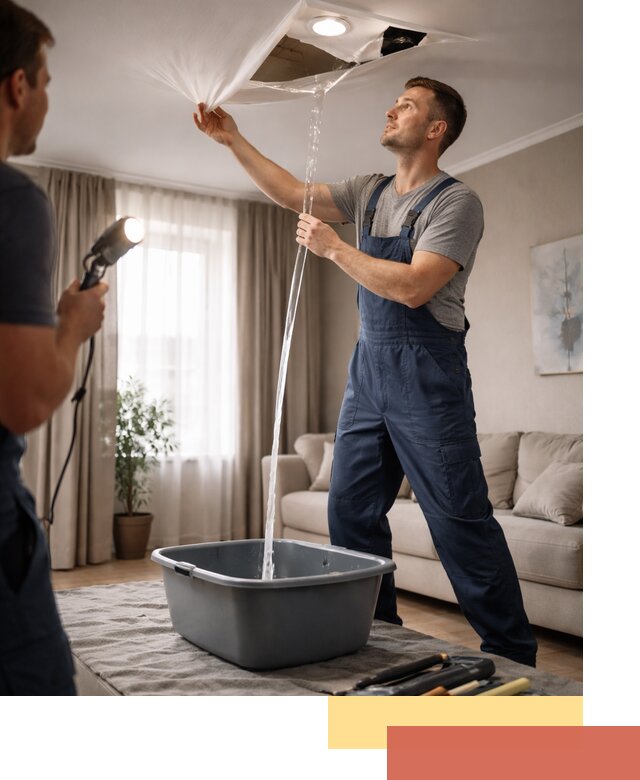 Слив воды с натяжного потолка в Люберцах быстро и аккуратно