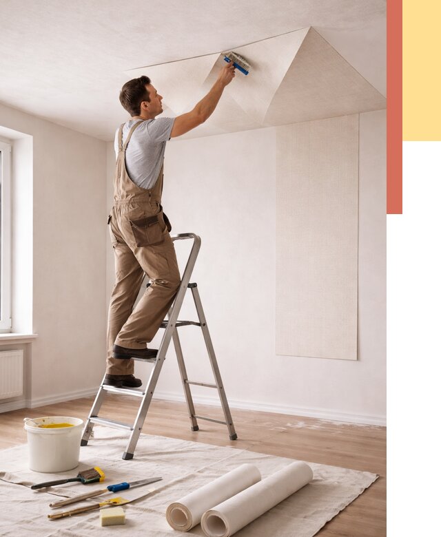 Поклейка обоев на потолок в Люберцах от 4734 руб. быстро и недорого | ОТДЕЛОЧНИК-Люб